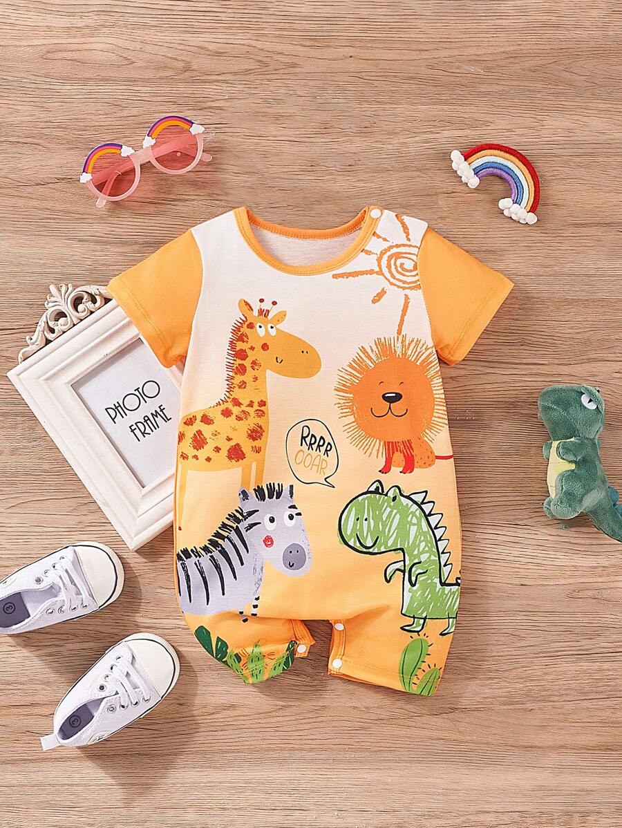 Baby Boy Casual Cartoon Animal Print Romper, sommar - Gul - Visa 1
