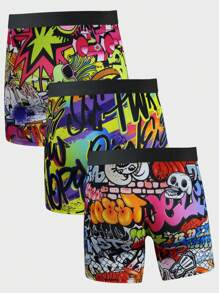 3 chiếc/gói quần đùi dài in họa tiết hoa và chữ Graffiti ngẫu nhiên cỡ lớn cho nam - Nhiều màu - Xem 4