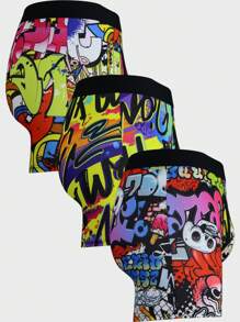 3 chiếc/gói quần đùi dài in họa tiết hoa và chữ Graffiti ngẫu nhiên cỡ lớn cho nam - Nhiều màu - Xem 2