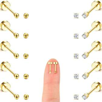 10 Pair 2mm Tiny Gold Flat Back Stud Earrings For Women Men Hypoallergenic Surgical Steel Silver Stud Earrings Comfy Screw Back Cartilage Earrings CZ Ball Small Stud Earrings Set Flatback Cartilage Earrings Suitable For Women's Daily Wear Fashion Earrings For Gril Women Earrings For Women Gifts To Mothers, Sisters, Lovers, And Friends Christmas, Birthday, Graduation, Mother's Day, Valentine's Day