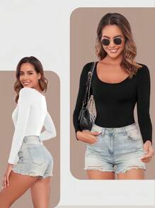 2pcs Women's Long Sleeve Bodysuit, Slimming Bodycon Outfit