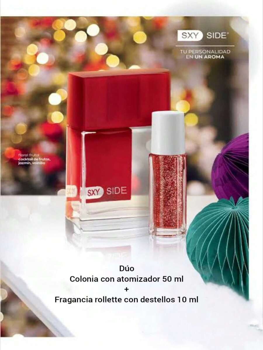 Avon Dúo SXY SIDE, colonia para dama con atomizador (50 ml) + Fragancia rollette con destellos 10 ml, AV, aroma floral frutal - Rojo - Ver 1