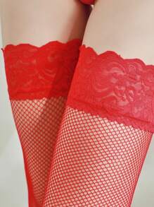 1 Pair Women Sexy Lace Trim Thigh High Fishnet Stockings, Silicone Grip, High Elasticity Plus Size, Suitable For Outdoor Fashion Matching