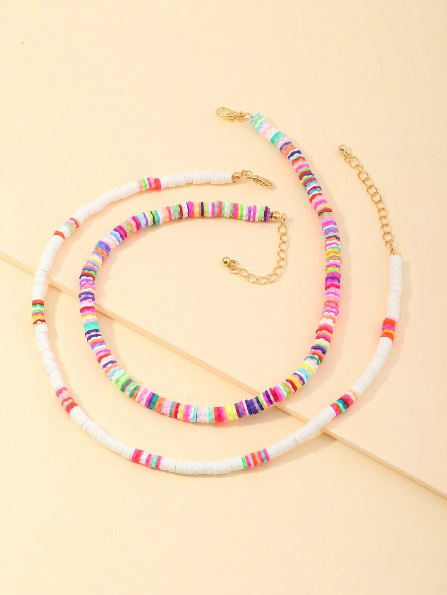 2pcs Boho Style Colorful Polymer Clay Necklace Set, Random Color Beads, Gift For Girls - Multicolor - View 1