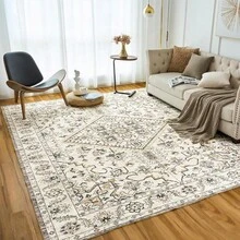Machine Washable Rug 6'x9' Vintage Design Washable Area Rugs With Non Slip Rugs For Living Room Bedroom Traditional Woven Rug Carpet Stain Resistant Dining Home Office Boho Rug (Beige) - 米色 - 查看 2