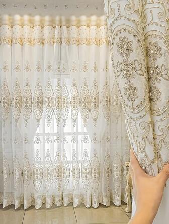 1 pezzo Tenda semi-trasparente decorata con perline beige, voile ricamato, tenda trasparente, adatta per soggiorno, camera da letto, stile europeo romantico, decorazione per la casa