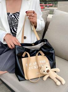 Fashionable Large Capacity Women's Shoulder Bag, Simple Letter Contrast Color Tote Bag - Black - View 4