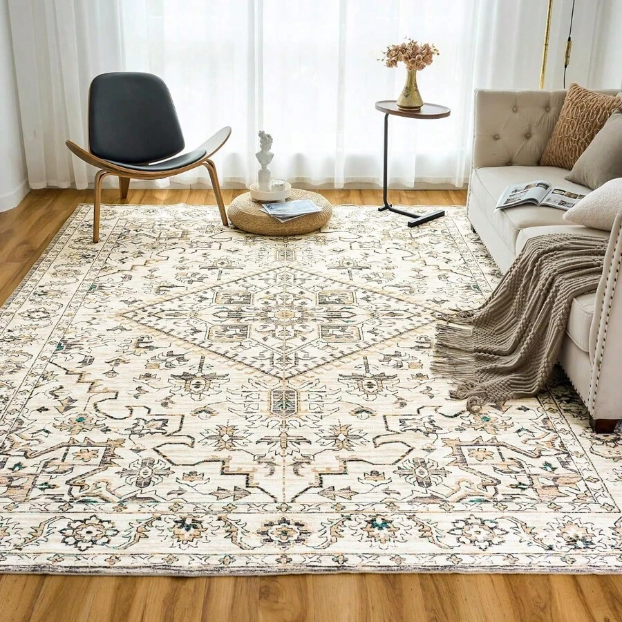 Machine Washable Rug 6'x9' Vintage Design Washable Area Rugs With Non Slip Rugs For Living Room Bedroom Traditional Woven Rug Carpet Stain Resistant Dining Home Office Boho Rug (Beige) - 米色 - 查看 1