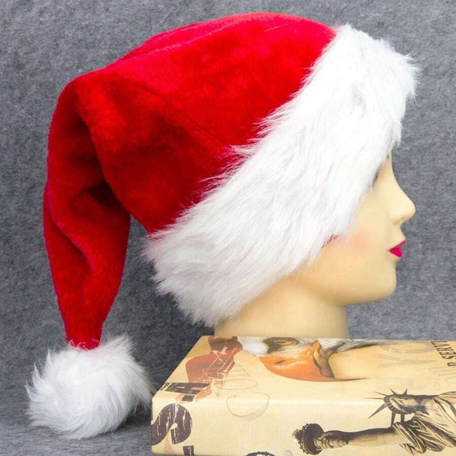 Gorro de Papá Noel de peluche gruesa con pompón grande para Navidad, Halloween, decoración de Halloween - Rojo - Ver 1