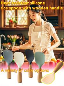 1pc Silicone Spoon With Wooden Handle, Spatula For Nonstick Pan, Heat-Insulation Heat-Resistant Spoon For Rice Cooker, For Home Kitchen School Dormitory, Practical Kitchen Tools - Multicolor - View 9
