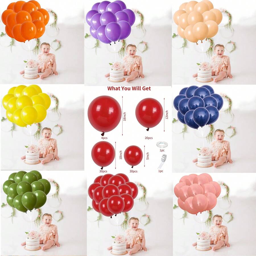 84入組紅、紫、玫瑰金、綠、藍、黃、橙、粉紅氣球拱門套件，附有復古紅氣球花環、酒紅色氣球和花海編織，啞紅派對氣球用於婚禮、嬰兒淋浴、生日、畢業典禮裝飾 - 彩色 - 查看 1