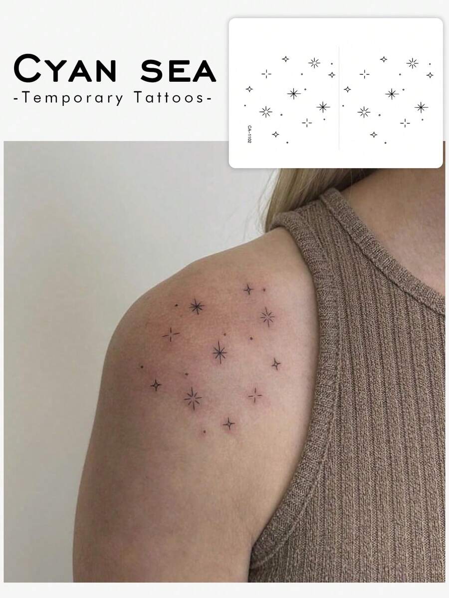 1個防水、防汗、可水洗、不反光的閃亮星星圖案暫時性紋身,適合時尚人士日常佩戴 - 黑色 - 查看 1