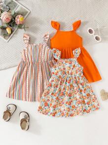 Conjunto de 3 piezas Vestido informal sin mangas de cuello cuadrado para niña bebé