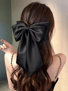 1入女孩黑色蝴蝶結裝飾法式夾，絲綢絲緞蝴蝶結髮夾，蝴蝶結髮飾品，適用於生日/派對/展覽/聖誕/紀念日公主頭飾，配有緞帶飄帶的可愛發夾 - 彩色 - 查看 7