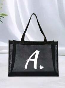 1 pieza Bolsa de playa con forma de corazón y letra A-Z de malla, bolsa de playa con forma de corazón y letra, bolsa de playa plegable, bolsa de playa de malla para mujer, adecuada para almacenamiento y compras en vacaciones de playa, bolso de gran capacidad - Negro - Ver 4