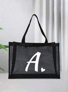 1 pieza Bolsa de playa con forma de corazón y letra A-Z de malla, bolsa de playa con forma de corazón y letra, bolsa de playa plegable, bolsa de playa de malla para mujer, adecuada para almacenamiento y compras en vacaciones de playa, bolso de gran capacidad - Negro - Ver 6