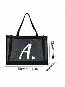 1 pieza Bolsa de playa con forma de corazón y letra A-Z de malla, bolsa de playa con forma de corazón y letra, bolsa de playa plegable, bolsa de playa de malla para mujer, adecuada para almacenamiento y compras en vacaciones de playa, bolso de gran capacidad - Negro - Ver 10