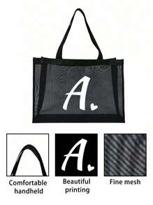 1 pieza Bolsa de playa con forma de corazón y letra A-Z de malla, bolsa de playa con forma de corazón y letra, bolsa de playa plegable, bolsa de playa de malla para mujer, adecuada para almacenamiento y compras en vacaciones de playa, bolso de gran capacidad - Negro - Ver 9