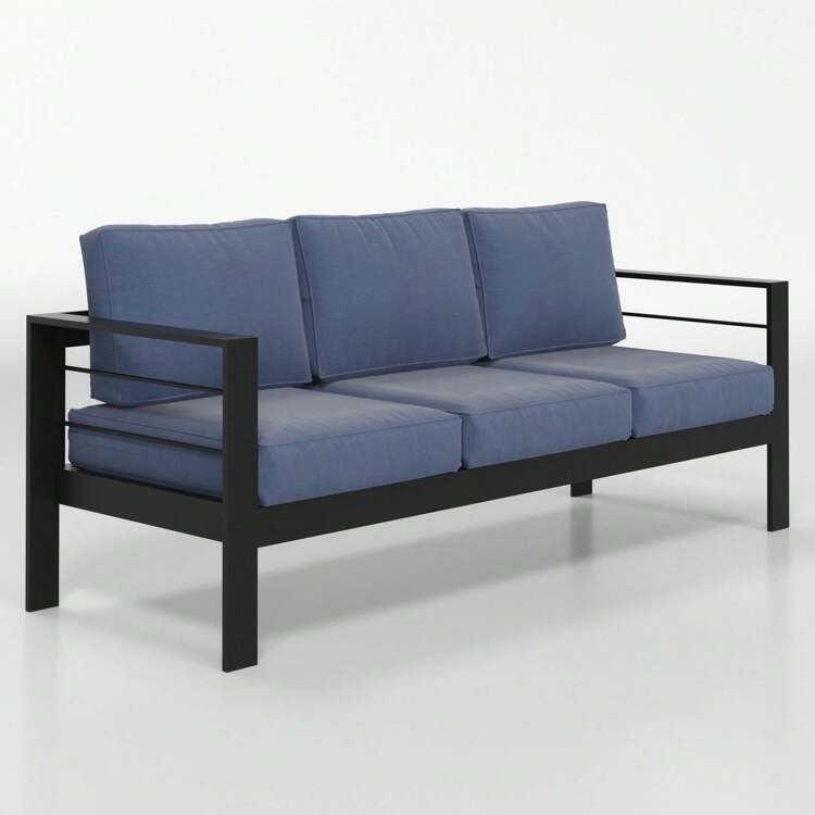 Sunvivi Aluminum Outdoor Couch 3 Seat Metal Outdoor Sofa With Water Resistant Cushion Weather Resistant Modern Patio Sofa Black Frame Blue Cushion SHEIN ASIA