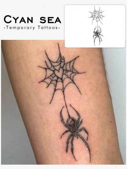 1入組可水洗的臨時刺青貼紙,pvc材質,黑色昆蟲系列帶蜘蛛網,心形圖案,防水防汗,適合潮流人士日常使用