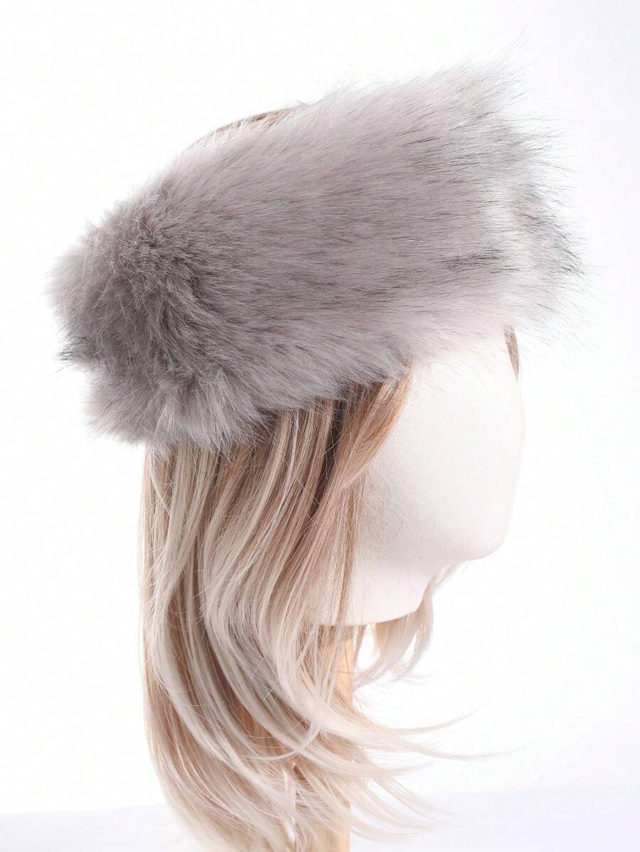 1pc Solid Color Fluffy Beret Cap, Warm Headband For Women In Winter - Light Grey - View 1