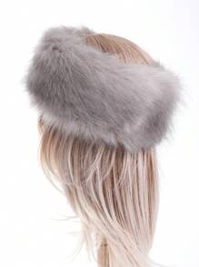 1pc Solid Color Fluffy Beret Cap, Warm Headband For Women In Winter - Light Grey - View 2
