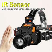 1 pieza Linterna frontal recargable de luz brillante con LED de alto lumen, 3 modos, para uso en exteriores como pesca, camping, running, caza, senderismo, con función de zoom