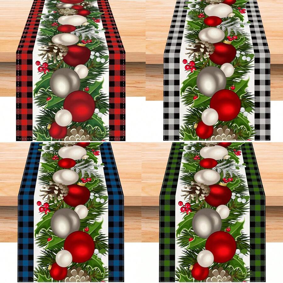 Toalha de mesa de Natal Buffalo Check, Holly Fruit Bola de Natal Pinha Corredor de mesa sazonal Inverno Natal Natal Férias Decoração de mesa estilo chalé para feriados, festas, aniversários, casamentos e jantares, decoração de casa, decoração de Natal, materiais de festa