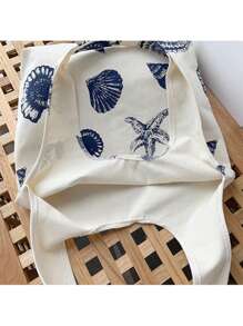 1 件大容量可爱帆布包，简约单肩便携印花帆布包，可爱大容量学生书包，购物袋，适合日常随身携带，贝壳和海星印花，海洋元素帆布包 - 白色 - 查看 7