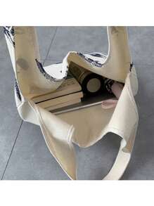 1 件大容量可爱帆布包，简约单肩便携印花帆布包，可爱大容量学生书包，购物袋，适合日常随身携带，贝壳和海星印花，海洋元素帆布包 - 白色 - 查看 5