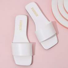 Simple Women's Square Toe Open Toe Flat Sandals Single Strap Non Slip Flat Sandals - 白色 - 查看 6