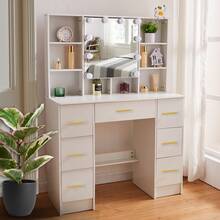 Vanity Desk With Mirror And 10 LED Lights Makeup Dressing Table With 7 Drawers - White - View 5