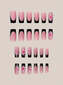Upgrade Your Look With 24Pcs Black French Style Blush Blossom Design Full Cover Artificial Nails, Suitable For Daily Casual Romantic Style, Glossy Finish For Women Press On Nails Nail Supplies Nails - White - View 4