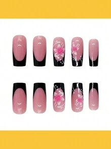 Upgrade Your Look With 24Pcs Black French Style Blush Blossom Design Full Cover Artificial Nails, Suitable For Daily Casual Romantic Style, Glossy Finish For Women Press On Nails Nail Supplies Nails - White - View 3