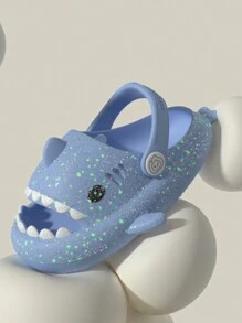 Funny Night Light Shark Kids' Slippers With Anti-Kick Design And Holes, Beach Style, Back Strap, Summer - Blue - View 6