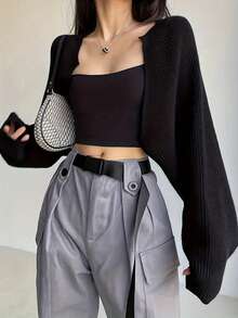 长袖不对称下摆休闲针织开衫 - 黑色 - 查看 2