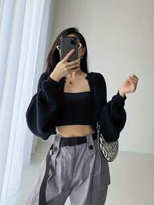 长袖不对称下摆休闲针织开衫 - 黑色 - 查看 4