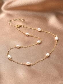 1pc 18K Gold Plated Natural Pearl Beaded Necklace, Mother's Day, Valentine's Day, Birthday Gift, Wedding Gift - White - View 1