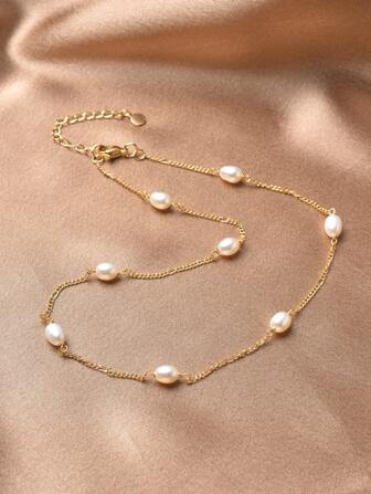 1pc 18K Gold Plated Natural Pearl Beaded Necklace, Mother's Day, Valentine's Day, Birthday Gift, Wedding Gift