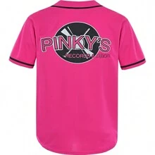 Camiseta unisex para hombres y mujeres, inspirada en la película Next Friday Pinky's Record, con estilo hip hop de los 90, con costuras, para fans de deportes, de tela elástica rosa, camisa deportiva casual con botones y bordados para entrenamiento y partidos
