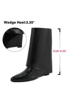 Mid Calf Boots For Women Fold Over Boots Fahion Shark Boots Wedges High Heels Boots Side Zipper Heeled Boots - 黑色 - 查看 6