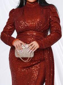 seomiscky Plus Size Long Sleeve Stylish Mermaid Sequin Evening Formal Dress - Brown - View 9