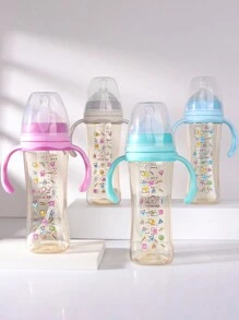 1pc 270ml Geometric Pattern PPSU Baby Bottle With Silicone Nipple, Anti-Drop Material With Handle For Self-Feeding