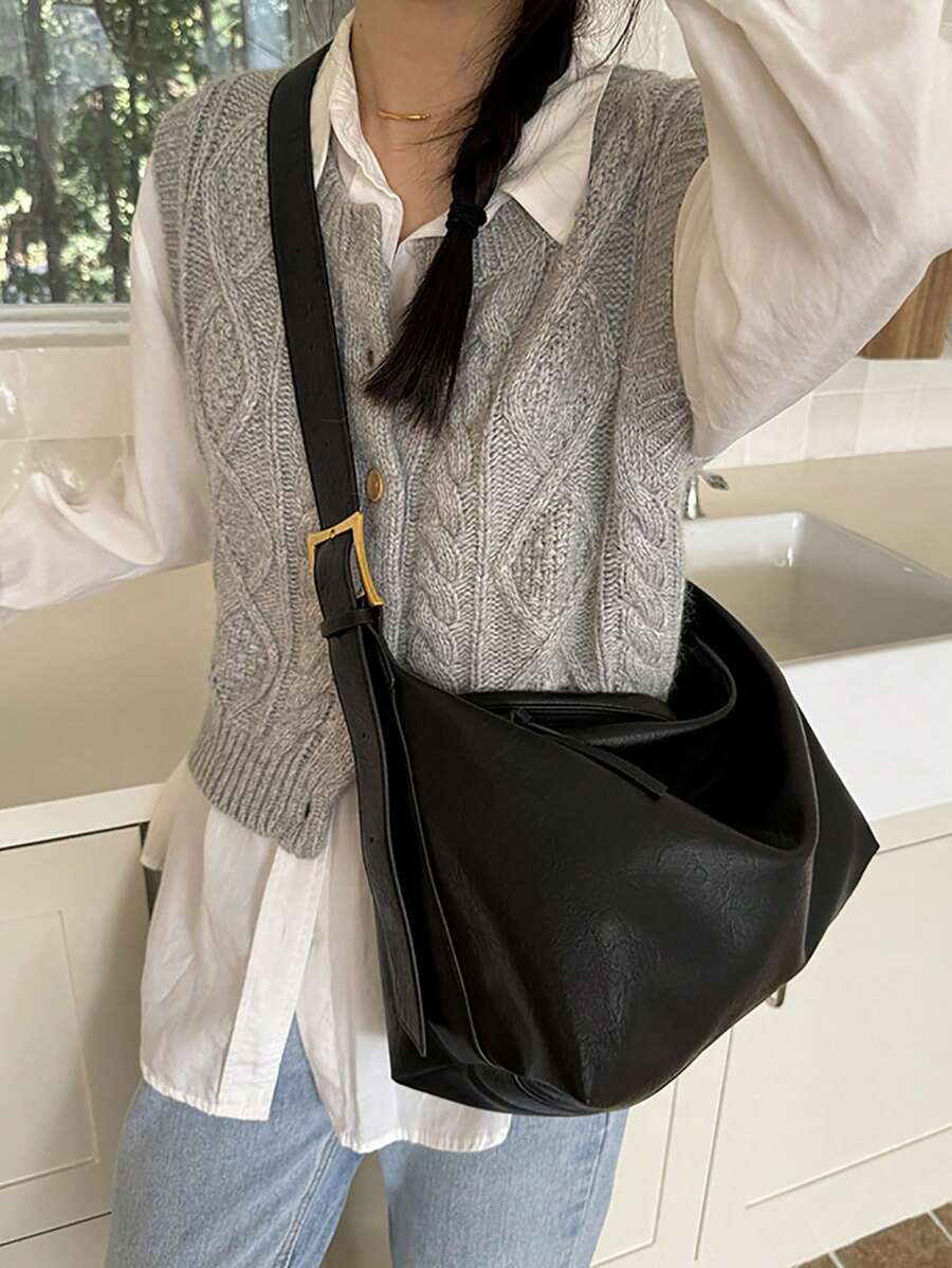 New Fashion Large Capacity Casual Versatile Retro High-End Hardware Fabric Solid Color Exquisite Minimalist Shoulder Bag, Suitable For Shopping And Work Commute For White-Collar Workers And College Students - Black - View 1