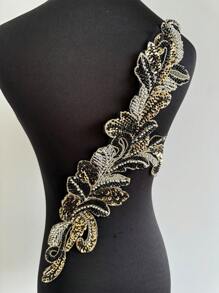 1 Piece Handmade Faux Pearl Wedding Dress Sewing Beaded Lace Patch Sparkly Yellow Sewn Sequins Crystal Beaded Tight Accessory DIY Embellished Dress - Black - View 2