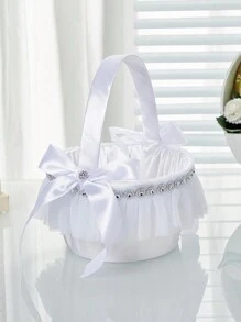 1 pieza de canasta de flores decorada con rosa blanca y encaje para banquete, canasta de frutas, ceremonia de bodas, niña de las flores, canasta de mano, accesorio de estudio fotográfico - Un blanco - Ver 12