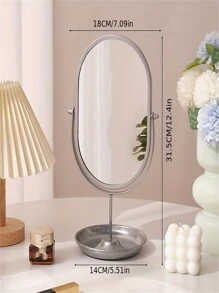 1 件金属框架高清玻璃化妆镜，多功能设计，带存放底座，可存放耳环、耳钉、口红、香水、可旋转镜子、家居装饰