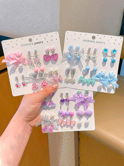 12pcs Colorful Cute Clip-On Earrings For Girls, Non-Piercing