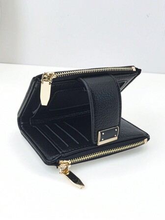 MINGYOU Plånbok med kort spänne för kvinnor Svart endelad PU Mjuk Bark Texturerad High-End Multifunktionell Fashionabla Casual Korthållare Dragkedja Minimalistisk Studentmynt Enkelt och fashionabelt Bekvämt att bära för kvinnor Plånbok Plånbok Plånbok Liten plånbok