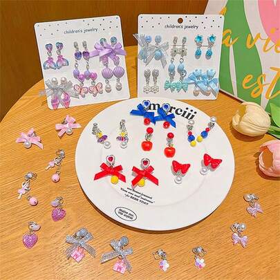 12 件彩色可爱夹式耳环，适合女孩，无穿孔